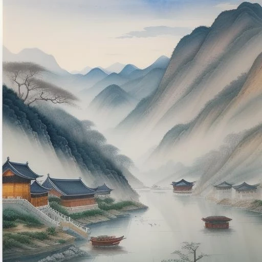 beautiful Chinese Landscape Art, best detail, intricate, water colors, ((less vibrant colors))