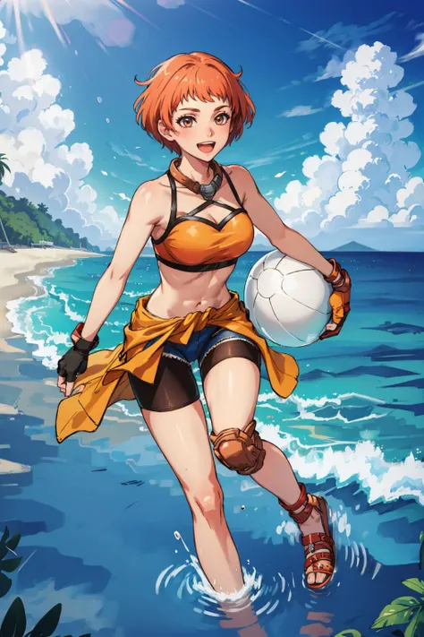 masterpiece, best quality, <lora:LeonieFE3H-FEH-bsinky-v1:0.8> sumLeonie, short hair, bikini, fingerless gloves, shorts, short shorts, bike shorts, clothes around waist, sandals, ocean, partially submerged, :D, holding beach ball