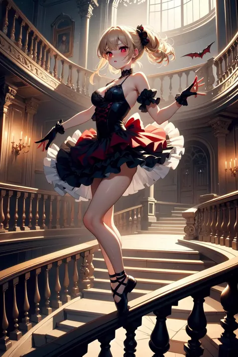 (((masterpiece))), (((best quality))), (((lace gloves))), ((vampire ballet)), ((dacing above railings)), ((tiptoe)), spiral stairs, red eyes, glowing eyes, blonde updo, white lace leotard, chiffon tutu, scrunchie, bloody stains, piano, night, candle, skylight, mansion Interior, dark fantasy, tyndall effect, ornate decorative windows, solo, 1girl, cute, sweat, cleavage, big tits, shy, blush, slim figure,<lora:girllikevampireballet:0.8>
