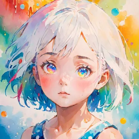 ***********,((small_breasts)),(((detailed anima face))),((beautiful detailed face)),collar,bare shoulders,
white hair,((colorful hair)),((streaked hair)),
beautiful detailed eyes,(Gradient color eyes),(((colorful eyes))),
(((colorful background))),(((high saturation))),(((surrounded by colorful splashes))),(((surrounded by colorful dot))),colorful bubble,((shining)),child,
traditional watercolor painting,<lora:traditional_watercolor_painting:0.7>,