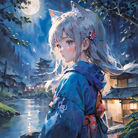 original, (masterpiece), (illustration), (extremely fine and beautiful), (perfect details), (unity CG 8K wallpaper:1.05), (beautiful and clear background:1.25), (depth of field:0.7), (1 cute girl with (2 fox ear:0.9) and (fox tail on the back:1.2) stands aside the river:1.15),***********,yong,cute face,(cute:1.3), (detailed beautiful eyes:1.3), (beautiful face:1.3), silver hair, silver ear, (pink hair:0.7), (pink ear:0.7), long hair, (japanese kimomo:1.25), (hair blowing with the wind:1.1), (blue eye:1.1), (***********:1.1), butterflys flying around, (moon light:0.6), tree, (summer), (night:1.2), (close-up:0.35), (gloves:0.8), solo 
traditional watercolor painting,<lora:traditional_watercolor_painting:0.7>,