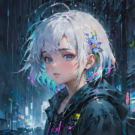 (((masterpiece))),(((best quality))),((ultra-detailed)),(illustration),(dynamic angle),(((night,heavy rain,bloom))),
((floating)),(paint),((disheveled hair)),
(solo), ((***********,very young,cute  face)), ((small_breasts)), (((detailed anima face))),((beautiful detailed face)),collar,upper body,
white hair, ((colorful hair)),((streaked hair)),
beautiful detailed eyes,
((cyberpunk)),cyberpunk city,broken city,neon light,mechanical arm,(((high saturation))),
traditional watercolor painting,<lora:traditional_watercolor_painting:0.7>,