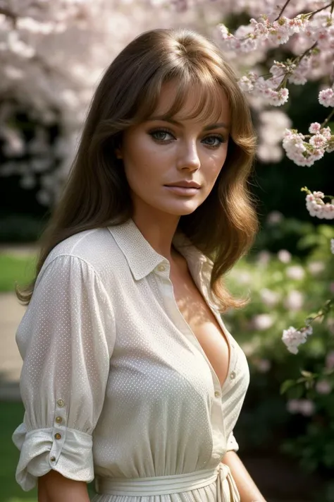 photo of seductive (jb1sset-140:0.99), a woman as a sexy housewife, ((closeup portrait:1.2)), (closed buttoned up shirt:1.1), in a (garden with a house in the background), (long trousers), (masterpiece:1.5) (photorealistic:1.1) (bokeh) (best quality) (detailed skin texture pores hairs:1.2) (intricate) (8k) (HDR) (wallpaper) (cinematic lighting) (sharp focus), (vivid atmosphere), (face focus), (cherry trees)