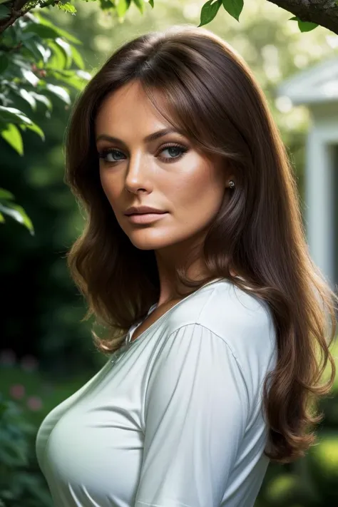 photo of seductive (jb1sset-140:0.99), a woman as a sexy housewife, ((closeup portrait:1.2)), (t-shirt:1.1), in a (garden with a house in the background), (long trousers), (masterpiece:1.5) (photorealistic:1.1) (bokeh) (best quality) (detailed skin texture pores hairs:1.2) (intricate) (8k) (HDR) (wallpaper) (cinematic lighting) (sharp focus), (vivid atmosphere), (face focus), (cherry trees)