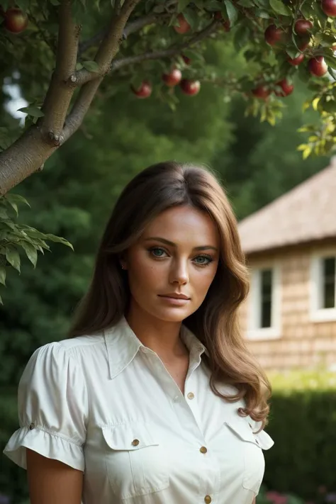 photo of seductive (jb1sset-140:0.99), a woman as a sexy housewife, ((closeup portrait:1.2)), (buttoned up shirt:1.1), in a (garden with a house in the background), (long trousers), (masterpiece:1.5) (photorealistic:1.1) (bokeh) (best quality) (detailed skin texture pores hairs:1.2) (intricate) (8k) (HDR) (wallpaper) (cinematic lighting) (sharp focus), (vivid atmosphere), (face focus), (apple trees)