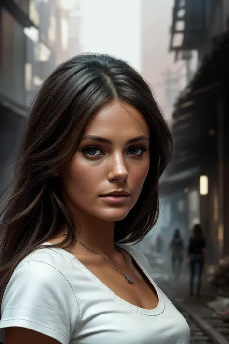photo of extremely sexy (jb1sset-130:0.99), a woman as a sexy student, ((closeup portrait:1.3)), modelshoot style, (extremely detailed CG unity 8k wallpaper), photo of the most beautiful artwork in the world, professional majestic oil painting by Ed Blinkey, Atey Ghailan, Studio Ghibli, by Jeremy Mann, Greg Manchess, Antonio Moro, trending on ArtStation, trending on CGSociety, Intricate, High Detail, Sharp focus, dramatic, photorealistic painting art by midjourney and greg rutkowski, (white t-shirt:1.2), (leather jacket), (jeans), ((city slums)), (looking at viewer:1.2), (detailed pupils:1.3), (holding a shopping bag:1.1)