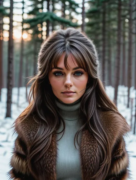 beautiful woman (jb1sset-130:.99), beautiful hair, winter forest, elegant, snowing, natural skin texture, (fashionable fur coat), (turtleneck), sunset, cute smile, (Looking back over shoulder), 24mm, 4k textures, soft cinematic light, adobe lightroom, photolab, hdr, intricate, elegant, highly detailed, sharp focus, ((((cinematic look)))), soothing tones, insane details, intricate details, hyperdetailed, low contrast, soft cinematic light, exposure blend, hdr, faded, <lora:more_details:.6>, <lora:wowifierV3:.6>