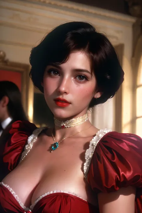 Dvd screengrab, from 1985 dark fantasy film, vintage style art, Kodachrome Photograph of a woman with pronounced hyper - feminine features designed to attract marriage - minded woman, hyper - realistic, high detail, realsitic shadow