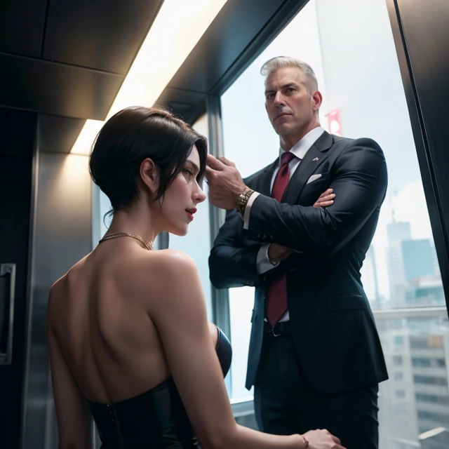 a man and woman in a elevator, busty, trending on unreal 5, scott adams, yennefer, flashing, elegant decollete, /r/earthporn, marvel footage, all the people are wearing suits, wearing a low cut tanktop, inspired by Vasile Hutopila, having fun, still from a live action movie