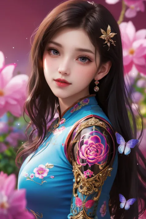 (masterpiece:1.5), (((top quality, best quality, high quality))), ((intricately detailed, ultra-detailed, insanely detailed)), highres, 32K, extremely detailed unity CG 8K wallpaper, (beautiful and aesthetic:1.2), (depth of field:1.3), (immaculate:1.4), (delicate detailed depiction:1.4), 
((brilliant full lighting, luscious colors)),  (dynamic pose, dramatic angle), 
(waist shot:1.3), (looking at viewer:1.4), 
(1girl:1.5), 
beautiful gorgeous face, [(detailed face:1.2):0.2], pureerosface_v1, ulzzang-6500-v1.1, bright open eyes, (red lips:1.4), (full lips:1.4), 
attractive flawless body, bright glistening skin, realistic skin, skin pores, (voluptuous:1.4), narrow waist, wide hips,
(cheongsam:1.5), (side-slit:1.5), (long tight sleeves:1.4), (detached collar), (fabrication glitters:1.5), (luxury intricate clothing jewelries),  (clothing sparkles:1.4), (sparkling particles:1.3),  earrings, armlets, hairclip, hair jewelries,
(in a magical garden full of colorful exotic flowers:1.5), (glistening swarms of butterflies:1.4), (surreal breathtaking scenery:1.5),  (intricate complex background:1.5),  (bright brilliant backlighting:1.3), <lora:GoodHands-beta2:1>,