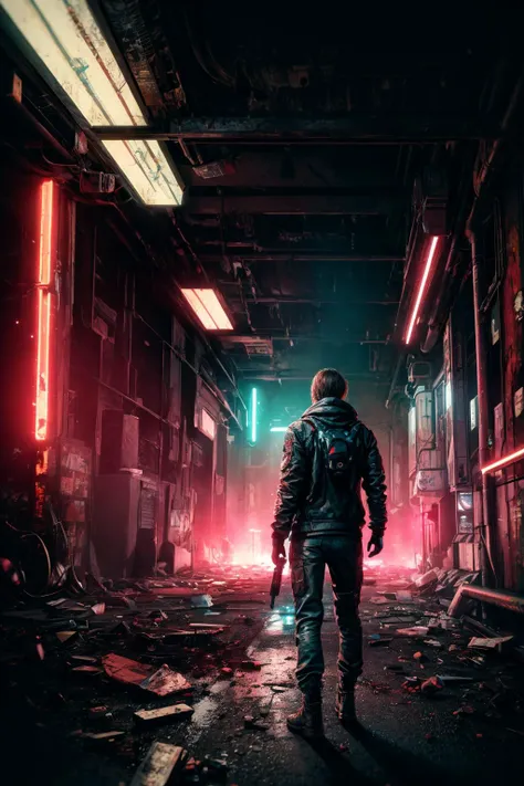 masterpiece, best quality, realistic, 1 girl, scifi outfit, jacket, loose pants, boots, standing, back view, Generate an ultra-detailed image illustrating a dystopian future marked by bad habits and the relentless advance of a destructive machine. Envision darkness, accentuated by night vision with a duo-tone palette of teal and Indian red. Infuse the scene with a haunting atmosphere, incorporating a dark haze to amplify the sense of destruction and chaos in this nightmarish future, film photography, light leaks, sharp focus <lora:add_detail:1>