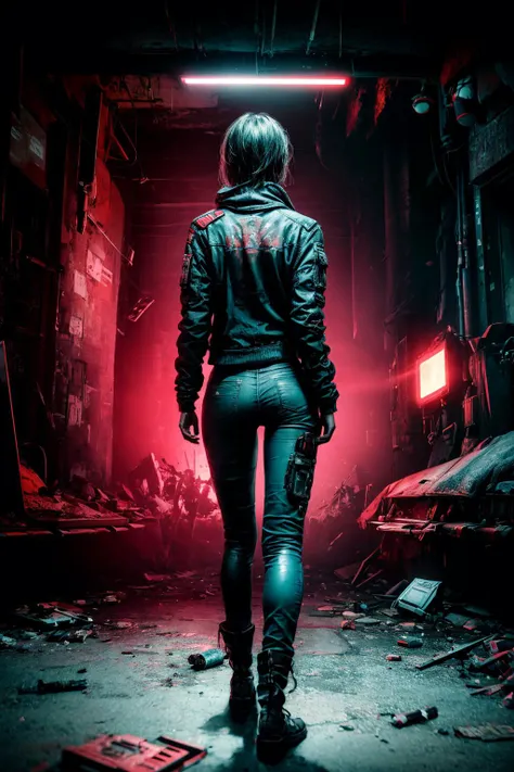masterpiece, best quality, realistic, 1 girl, scifi outfit, jacket, loose pants, boots, standing, back view, Generate an ultra-detailed image illustrating a dystopian future marked by bad habits and the relentless advance of a destructive machine. Envision darkness, accentuated by night vision with a duo-tone palette of teal and Indian red. Infuse the scene with a haunting atmosphere, incorporating a dark haze to amplify the sense of destruction and chaos in this nightmarish future, film photography, light leaks, sharp focus <lora:add_detail:1>