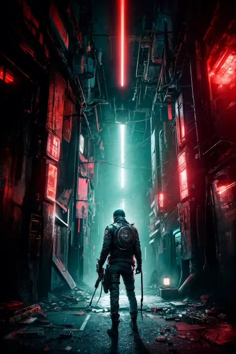 masterpiece, best quality, realistic, 1 girl, scifi outfit, jacket, loose pants, boots, standing, back view, Generate an ultra-detailed image illustrating a dystopian future marked by bad habits and the relentless advance of a destructive machine. Envision darkness, accentuated by night vision with a duo-tone palette of teal and Indian red. Infuse the scene with a haunting atmosphere, incorporating a dark haze to amplify the sense of destruction and chaos in this nightmarish future, film photography, light leaks, sharp focus <lora:add_detail:1>