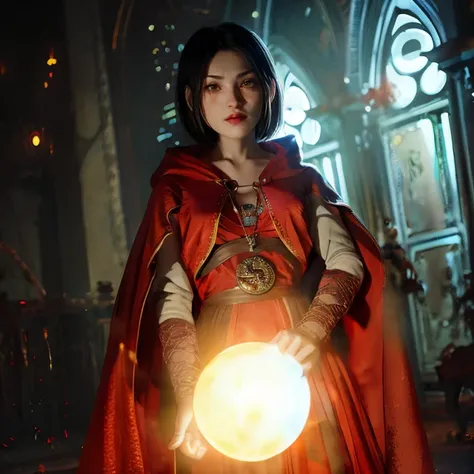 jadechan (short black hair, brown eyes) <lora:JadeChan-10v6:0.8> <lora:LORA-XenoDetailer-v3A:0.375> JaOran BREAK Style-GravityMagic, portrait, solo, half shot, looking down, detailed background, detailed face, (sinister dark fantasy theme:1.1) vampire, piercing gaze, bloodthirsty, pale skin, vampire fangs, (Dark orange) clothes, hooded, cape, pendant, movement, evil smirk, blood stains, haunting, ethereal aura, magical red glow, bats in background, cobwebs, ruins in background, red moon, moonlit sky, fog, mysterious atmosphere