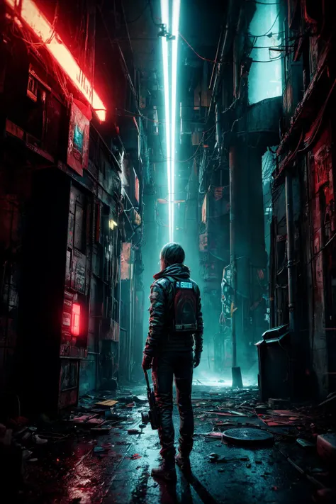 masterpiece, best quality, realistic, 1 girl, scifi outfit, jacket, loose pants, boots, standing, back view, Generate an ultra-detailed image illustrating a dystopian future marked by bad habits and the relentless advance of a destructive machine. Envision darkness, accentuated by night vision with a duo-tone palette of teal and Indian red. Infuse the scene with a haunting atmosphere, incorporating a dark haze to amplify the sense of destruction and chaos in this nightmarish future, film photography, light leaks, sharp focus <lora:add_detail:1>