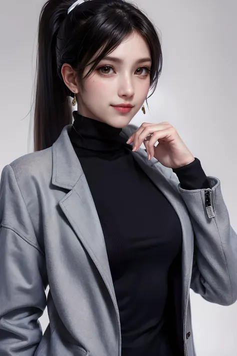 1girl, solo, long hair, looking at viewer, smile, simple background, black hair, brown eyes, jewelry, jacket, upper body, ponytail, earrings, sweater, lips, black jacket, turtleneck, portrait, ribbed sweater, turtleneck sweater, grey sweater