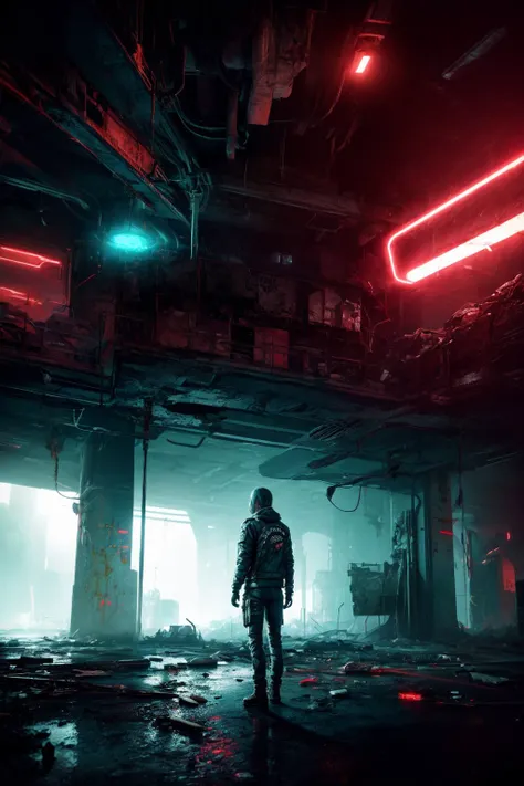 masterpiece, best quality, realistic, 1 girl, scifi outfit, jacket, loose pants, boots, standing, back view, Generate an ultra-detailed image illustrating a dystopian future marked by bad habits and the relentless advance of a destructive machine. Envision darkness, accentuated by night vision with a duo-tone palette of teal and Indian red. Infuse the scene with a haunting atmosphere, incorporating a dark haze to amplify the sense of destruction and chaos in this nightmarish future, film photography, light leaks, sharp focus <lora:add_detail:1>