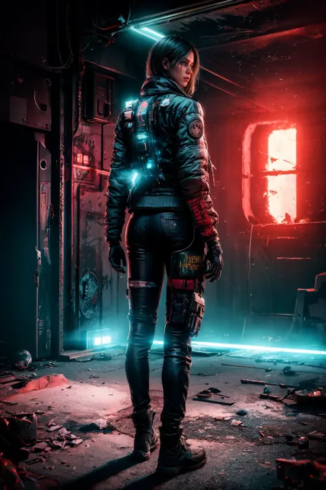 masterpiece, best quality, realistic, 1 girl, scifi outfit, jacket, loose pants, boots, standing, back view, Generate an ultra-detailed image illustrating a dystopian future marked by bad habits and the relentless advance of a destructive machine. Envision darkness, accentuated by night vision with a duo-tone palette of teal and Indian red. Infuse the scene with a haunting atmosphere, incorporating a dark haze to amplify the sense of destruction and chaos in this nightmarish future, film photography, light leaks, sharp focus <lora:add_detail:1>