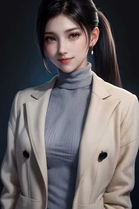 1girl, solo, long hair, looking at viewer, smile, simple background, black hair, brown eyes, jewelry, jacket, upper body, ponytail, earrings, sweater, lips, black jacket, turtleneck, portrait, ribbed sweater, turtleneck sweater, grey sweater