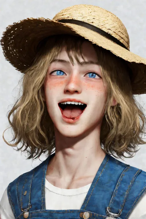close-up photo portrait of a 20 yo european man, blond short curly hair, blue eyes, laughing face expression, freckles, denim overall, t-shirt, straw hat, farmer, simple background