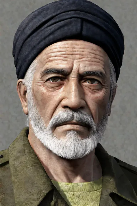 close-up photo portrait of a 80 yo aged Arab man, short grey hair, beard, black eyes, joyful face expression, turban, holding ak-47, military, simple background