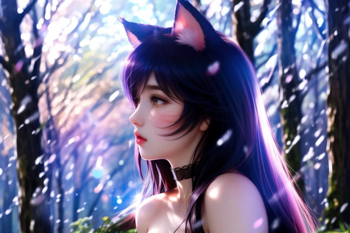 1girl, black hair,forest, beautiful, gorgeous, woman, mid 30s , <lora:ahri-000045:0.25> ahri \(league of legends\), <lora:Ahri:0.2> incrsahri, ahri from league of legends, profile, ahri \(league of legends\), <lora:Ahri:0.4> incrsahri, ahri from league of legends, (small breasts:1.1), pale skin, choker <lora:weight_slider_v2:0.2> ,