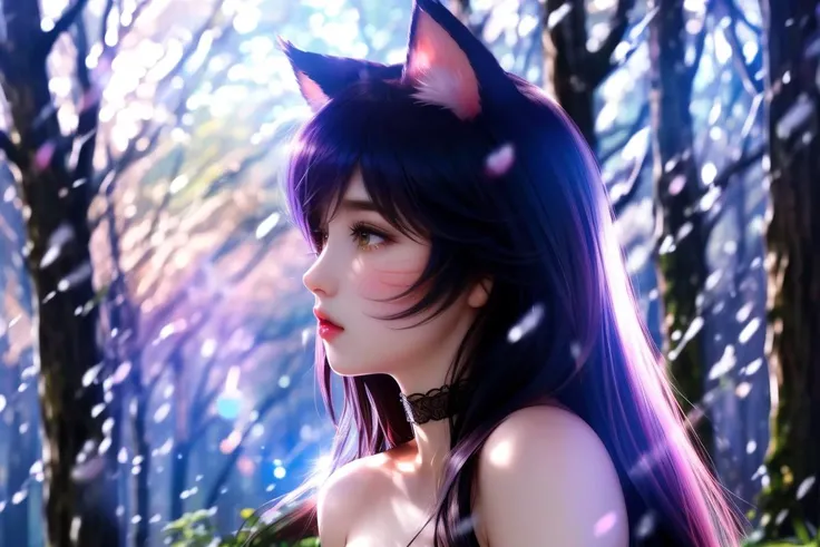 1girl, black hair,forest, beautiful, gorgeous, woman, mid 30s , <lora:ahri-000045:0.25> ahri \(league of legends\), <lora:Ahri:0.2> incrsahri, ahri from league of legends, profile, ahri \(league of legends\), <lora:Ahri:0.4> incrsahri, ahri from league of legends, (small breasts:1.1), pale skin, choker <lora:weight_slider_v2:0.2> ,