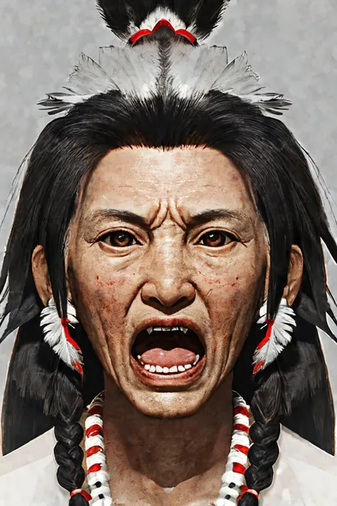 close-up photo portrait of a 100 yo old native american woman, grey hair, brown eyes, screaming face expression, twin braids, warbonnet, feathers, tribal, simple background
