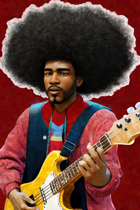 close-up photo portrait of a 45 yo african man, black afro hair, stubble, brown eyes, excited face expression, singing, red bass guitar, blue sweater, black bluesman, simple background