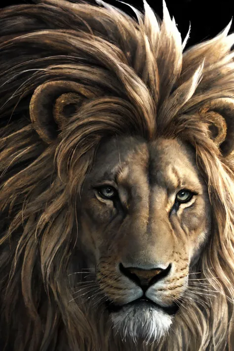 close-up photo portrait of a great red lion, blue eyes, very long lion's mane, roaring, open mouth, fangs, animal, no humans, simple background