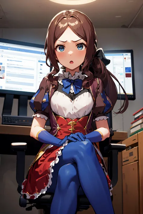 <lora:leonardo_da_vinci_(rider)_v1:0.8> davinci, ponytail, hair bow, parted bangs, small breasts, blue bow, puffy short sleeves, blue gloves, red skirt, (blue pantyhose:1.1), a bunch of monitors, scifi office, chair, sitting, furrowed brow, embarrassed, :o, loafers, crossed legs, masterpiece, best quality, highres, <lora:GoodHands-vanilla:1> nice hands, perfect hands