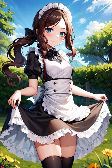 masterpiece, best quality, highres, davinci, ponytail, hair bow, parted bangs, maid headdress, small breasts, maid, black dress, white apron, puffy short sleeves, black thighhighs, <lora:leonardo_da_vinci_(rider)_v1:0.7>, garden, skirt lift, smile,