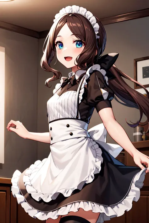 masterpiece, best quality, highres, davinci, ponytail, hair bow, parted bangs, maid headdress, small breasts, maid, black dress, white apron, puffy short sleeves, black thighhighs, <lora:leonardo_da_vinci_(rider)_v1:0.7>, indoors, standing, smile, cowboy shot, open mouth