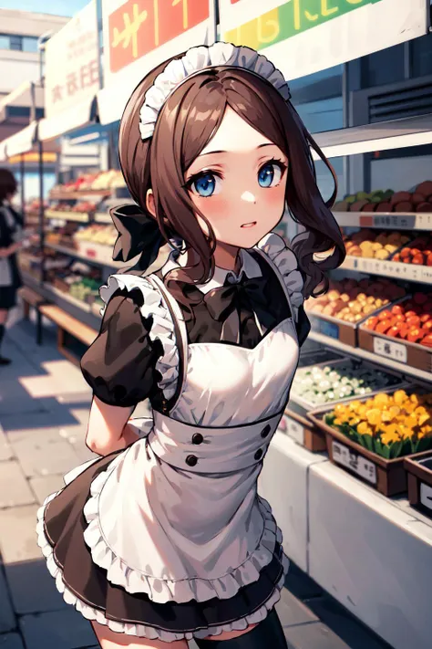 masterpiece, best quality, highres, davinci, ponytail, hair bow, parted bangs, maid headdress, small breasts, maid, black dress, white apron, puffy short sleeves, black thighhighs, <lora:leonardo_da_vinci_(rider)_v1:0.7>, market stall, leaning forward, arms behind back,