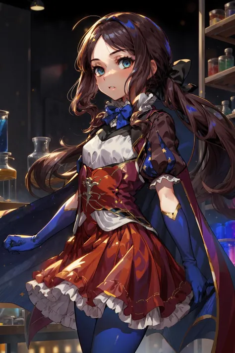 masterpiece,best quality,1girl,leonardo da vinci \(rider\) \(fate\),davinci,ponytail,hair bow,parted bangs,small breasts,blue bow,cape,puffy short sleeves,blue gloves,red skirt,blue pantyhose,laboratory,<lora:CHAR-FGO-Leonardo Da Vinci (Ver.Rider)-v1-h_madoka:0.7>,