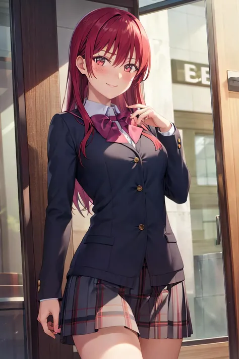 masterpiece, (best quality), 1woman,1girl ,sakisaki, red hair, long hair, red eyes,bow, school uniform, ,medium breasts, ,sexy woman,smile, hair between eyes, long sleeves,closed clothes, embarrassed,blush, skirt, vibrant colors ,natural lighting ,RTX, , beautiful, (detailed face:1.2), showcase, (perfect eyes:1.1) ,(photorealistic:1.1), 8k uhd, looking at viewer, outdoors, simple backround,