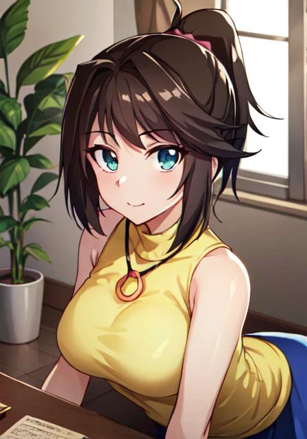 ((masterpiece)), breasts, looking_at_viewer, anzu dsod, 1girl, solo, smile, blue_eyes, skirt, (yellow turtleneck:1.8), brown_hair, thighhighs, jewelry, ponytail, sleeveless, belt, necklace,scrunchie,

masterpiece, best quality, high quality, absurdres, shiny skin, colorful, dynamic pose, stunning art, best quality, hyper detailed, dynamic angle, beatlful detailed, reflective hair, good lighting, ray tracing, depth of field, ultra-detailed, illustration, Amazing, fine detail, extremely detailed, ((ultra-detailed)), (beautiful detailed girl), beautiful detailed glow, intricate detail, highres, an extremely delicate and beautiful, beautiful detailed eyes, realistic, hdr, rounded eyes, detailed facial features,

(illustration), (beautiful detailed eyes), ((very detailed face)), depth_of_field, eyebrows_visible_through_hair, frills, looking_at_viewer, (upper body:1.2),

clothes reflecting light, light diffraction on skin, glossy skin, Iridescence Effect,

(indoor, potted plant:1.2),

critical angle