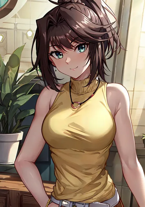 ((masterpiece)), breasts, looking_at_viewer, anzu dsod, 1girl, solo, smile, blue_eyes, skirt, (yellow turtleneck:1.8), brown_hair, thighhighs, jewelry, ponytail, sleeveless, belt, necklace, scrunchie,
masterpiece, best quality, high quality, absurdres, shiny skin, colorful, dynamic pose, stunning art, best quality, hyper detailed, dynamic angle, beatlful detailed, reflective hair, good lighting, ray tracing, depth of field, ultra-detailed, illustration, Amazing, fine detail, extremely detailed, ((ultra-detailed)), (beautiful detailed girl), beautiful detailed glow, intricate detail, highres, an extremely delicate and beautiful, beautiful detailed eyes, realistic, hdr, rounded eyes, detailed facial features,
(illustration), (beautiful detailed eyes), ((very detailed face)), depth_of_field, eyebrows_visible_through_hair, frills, looking_at_viewer, (upper body:1.2),
(indoor, potted plant:1.2), (hand on hip:1.2),
critical angle