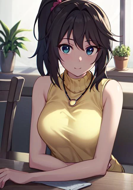 ((masterpiece)), breasts, looking_at_viewer, anzu dsod, 1girl, solo, smile, blue_eyes, skirt, (yellow turtleneck:1.8), brown_hair, thighhighs, jewelry, ponytail, sleeveless, belt, necklace,scrunchie,

masterpiece, best quality, high quality, absurdres, shiny skin, colorful, dynamic pose, stunning art, best quality, hyper detailed, dynamic angle, beatlful detailed, reflective hair, good lighting, ray tracing, depth of field, ultra-detailed, illustration, Amazing, fine detail, extremely detailed, ((ultra-detailed)), (beautiful detailed girl), beautiful detailed glow, intricate detail, highres, an extremely delicate and beautiful, beautiful detailed eyes, realistic, hdr, rounded eyes, detailed facial features,

(illustration), (beautiful detailed eyes), ((very detailed face)), depth_of_field, eyebrows_visible_through_hair, frills, looking_at_viewer, (upper body:1.2),

clothes reflecting light, light diffraction on skin, glossy skin, Iridescence Effect,

(indoor, potted plant:1.2),

critical angle