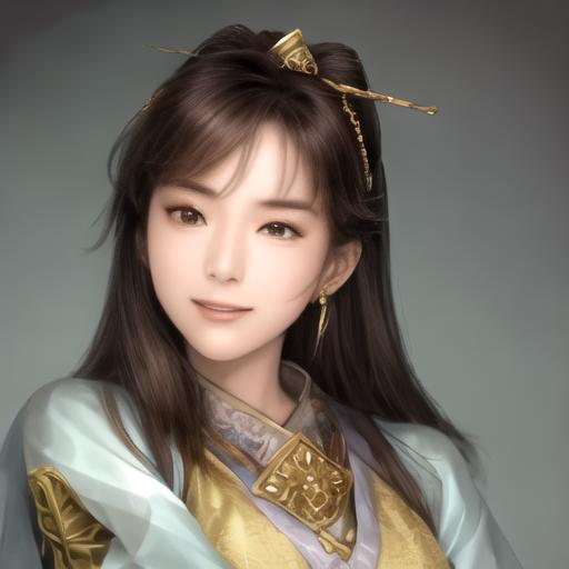 A woman with long hair wearing a blue and gold dress - SeaArt AI