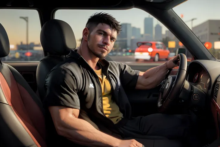 three quarter side view, hyperrealistic, (masterpiece), high details, ultra-realistic, photograph of (<lora:paddyov15:1> paddyo, facial hair, black hair, short hair, beard, jewelry, male focus), sitting in a convertable, car interior, behind steering wheel, dashboard, carseat, front seat, looking at viewer, arm on car door, blurry commercial district background, bokeh, 32k, cinematic, midnight, (((tracksuit))), (((t-shirt))), baseball cap, (((SFW))),