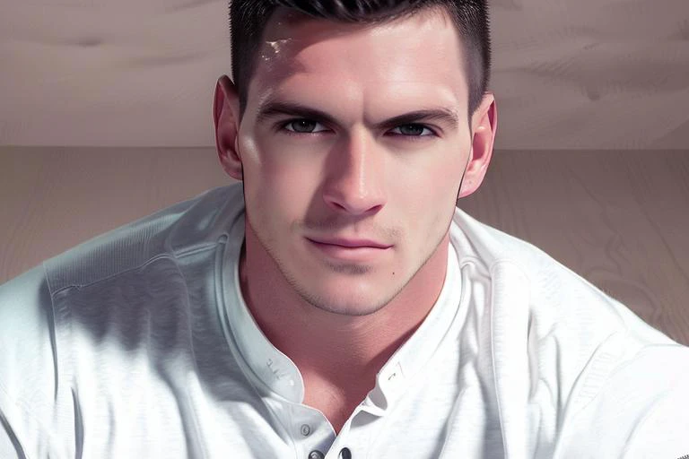one man, male focus, <lora:paddyov15:1> paddyo, professional studio quality modeling headshot, 4K, simple background, dramatic lighting, neutral expression, realistic skin, fine detail, shirt, ultra realistic photograph, professional photograph, by Gucci photographer.