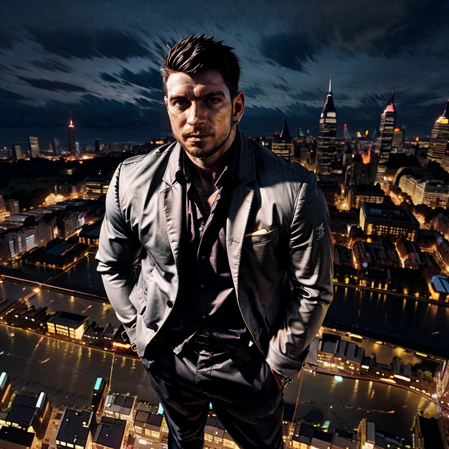 (professional headshot photograph of, 1man, solo, open sky background), (view from above:1.3), (fisheye lens)
<BREAK>
starry night sky, clear sky, dark sky, new years eve, vibrant display, magnificent view, dimly lit, volumetric lighting, wide angle shot, 32K, masterpiece, hyperrealistic, highly detailed skin, highly detailed hair, highly detailed eyes
<BREAK>
<lora:paddyov15:1> paddyo, facial hair, beard, arm hair, realistic, short hair, black hair, male focus, jewelry, collared shirt, brown suit jacket, black pants,
<BREAK>
<lora:fireworks_20230730090722:0.8> fireworks