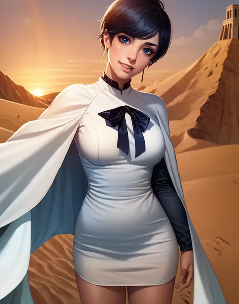 masterpiece, best quality, 1girl,adult, solo, standing,(upper body), detailed face,beutiful face, Meryl,blue eyes, black (short hair),side bangs,Stryfe, earrings, long sleeves, short white dress with black ribbon, short white cape, desert, sand, sand dunes, buildings, ruins, dead vegetation, sun sunset, smiling, large rock
<lora:Meryl-10:0.75>