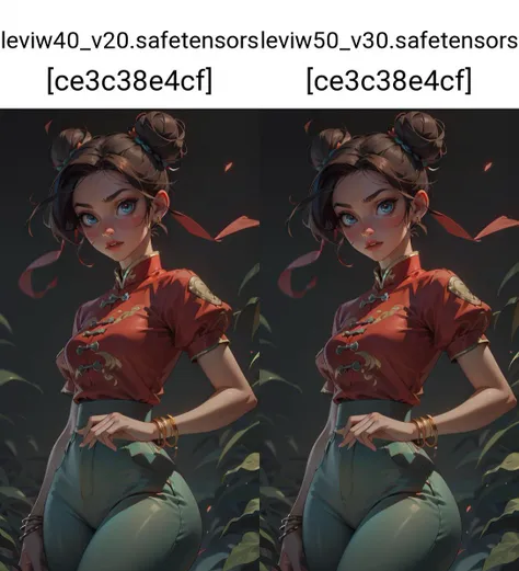 (masterpiece, best quality, high resolution), (illustration:1.0), extremely detailed face, perfect lighting, (perfect hands,perfect anatomy), (1girl, solo:1.5), glowing skin and perfect symmetrical pretty face ,cowboy shot, chunlims, hair bun, double bun, chinese clothes, solo, dress, bracelet, ribbon, pants, blue pants, makeup, short sleeves, wide hips,(thick thighs:1.2),