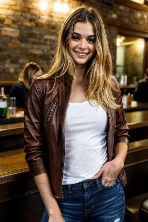 A stunning and intricate half-body,  full color portrait in Ultra-HD, MollyLittle, detailed face long brown hair, brown eyes, ((jeans, leather jacket white t-shirt in a busy bar)), small breasts, epic character composition (slight smile), alessio albi, nina masic, focus sharp, natural lighting, subsurface dispersion, f2, 35mm,  <lora:MollyLittle:0.78> <lora:add_detail:1>