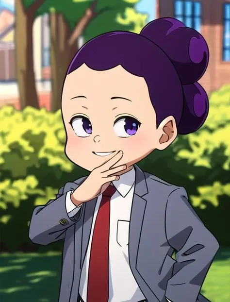 best quality, masterpiece, highres, detailed, digital artwork, <lora:Detail - add_detail:0.2>, MinoruM, <lora:MinoruM-10:0.9>, 1boy, white shirt, pants, 4 hair buns, male child, purple hair, school, necktie, smile, hands in pants, grey jacket, red necktie,