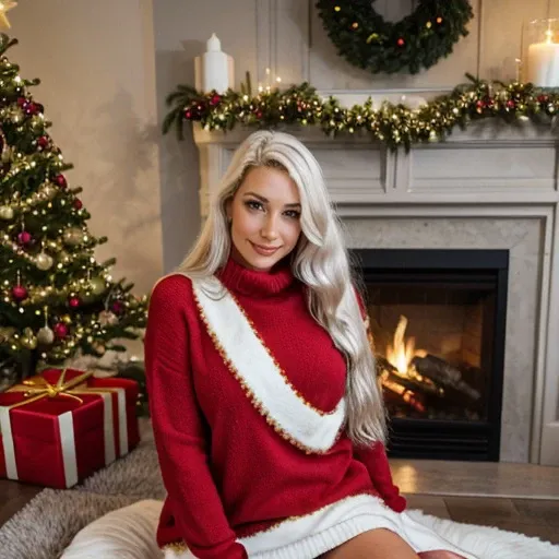 <lora:alanahpearce_sd15_512_128_64_v1:1>alanahpearce, 1girl white blonde long weavy curly hair, wearing christmas sweater, christmas decoration in background, lit fireplace in background