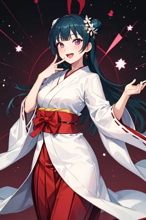 best quality, masterpiece, highres, solo, {white kimono:1.35}, {red hakama:1.35}, {wide sleeves:1.20}, {tsushima_yoshiko_lovelivesunshine:1.15}, blue_hair, long_hair, bangs, hair_bun, purple_eyes, blush, single_hair_bun, single_side_bun, smile, open_mouth, breasts