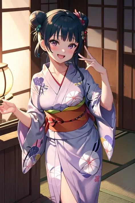 best quality, masterpiece, highres, solo, {yukata:1.40}, {kimono:1.20}, {tsushima_yoshiko_lovelivesunshine:1.15}, blue_hair, long_hair, bangs, hair_bun, purple_eyes, blush, single_hair_bun, single_side_bun, smile, open_mouth, breasts